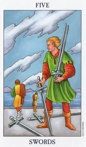 Five of Swords card from the Radiant Rider-Waite Tarot deck depicts a smug man holding two swords while leaning another. Two more swords lie near his feet. He stares wt two men in the distance who seem to have their heads hung in anguish.