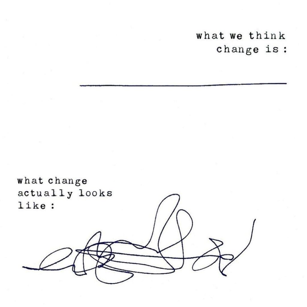 Meme // top text “what we think change is” with image of a straight line // bottom text “what change actually looks like” with image of a squiggly line that overlaps itself